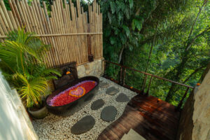 Flower bath beside private pool at Marangga Ubud Villas in Ubud Bali